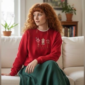 Vintage Slouchy Bluebird House Applique Red Cotton Blend Sweatshirt Top Size L